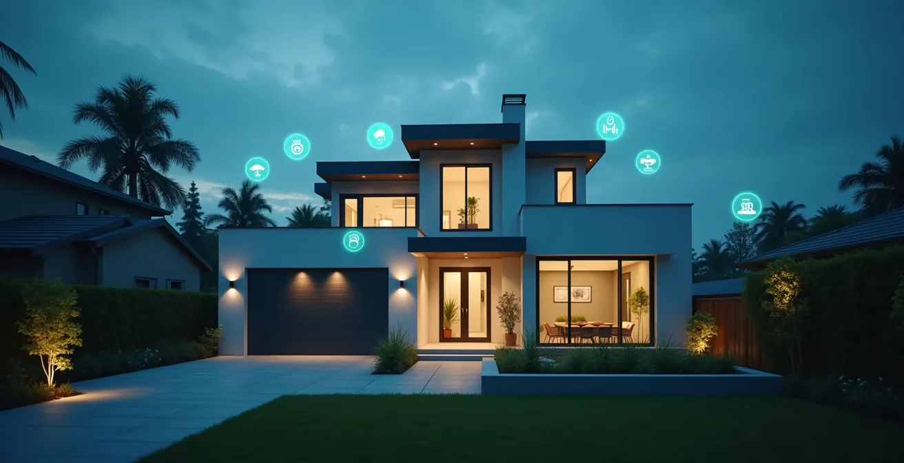 Une maison moderne entourée d'icônes technologiques représentant une alarme modulable, connectée et intelligente.