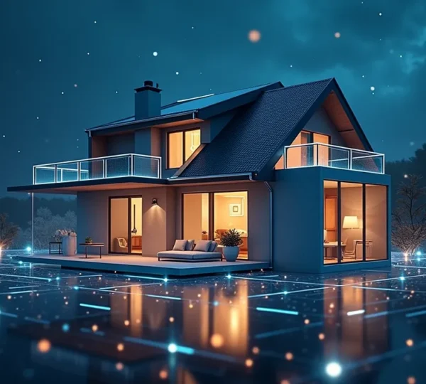 Illustration symbolique d'une alarme domestique prédictive intégrée à une maison connectée avec des éléments de surveillance et d'intelligence artificielle.