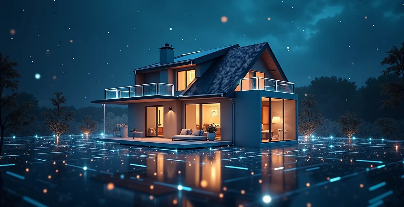 Illustration symbolique d'une alarme domestique prédictive intégrée à une maison connectée avec des éléments de surveillance et d'intelligence artificielle.