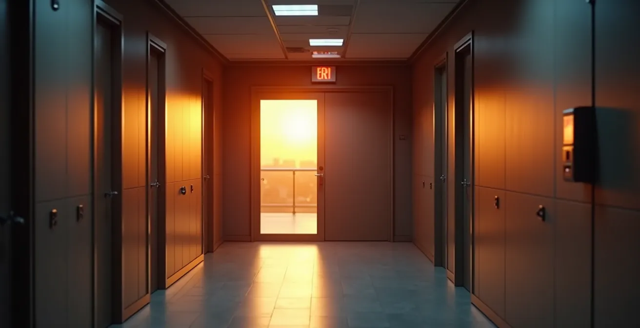 Porte coupe-feu se fermant automatiquement dans un couloir d’immeuble pour isoler un incendie, avec un panneau de contrôle à proximité