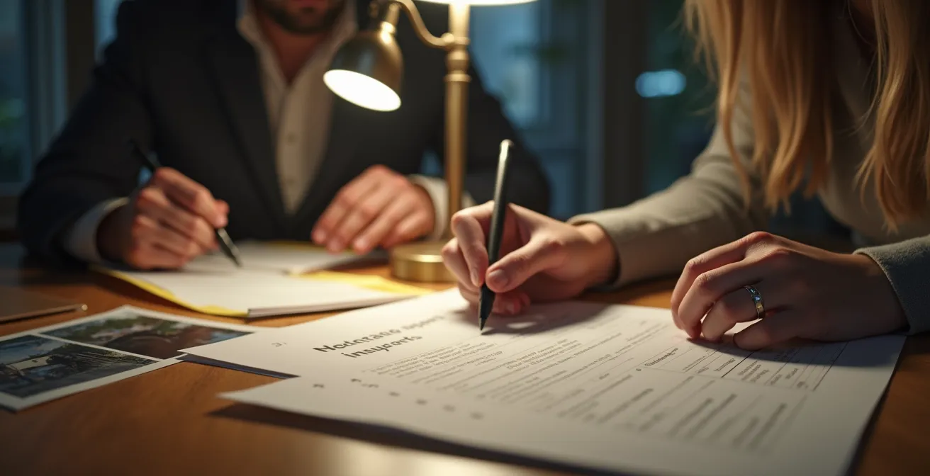 Personnes remplissant ensemble un constat amiable avec photos et documents d’assurance