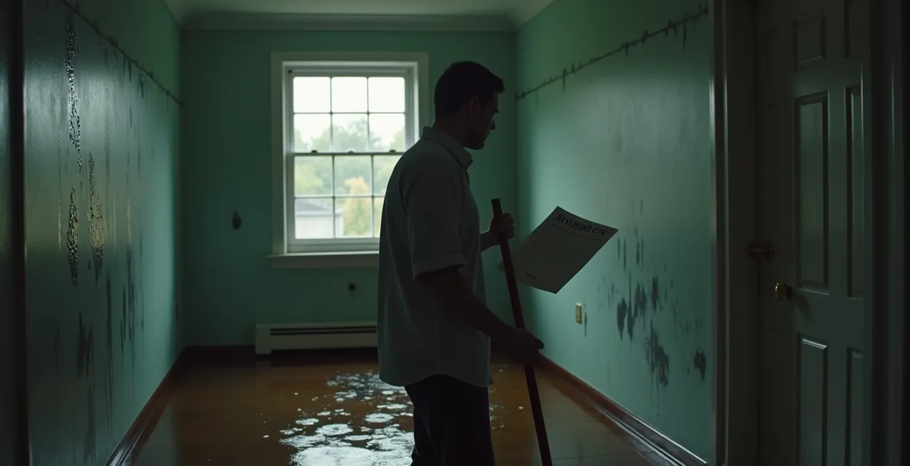 Maison avec inondation partielle, personne avec serpillere et documents d'assurance, ambiance dramatique
