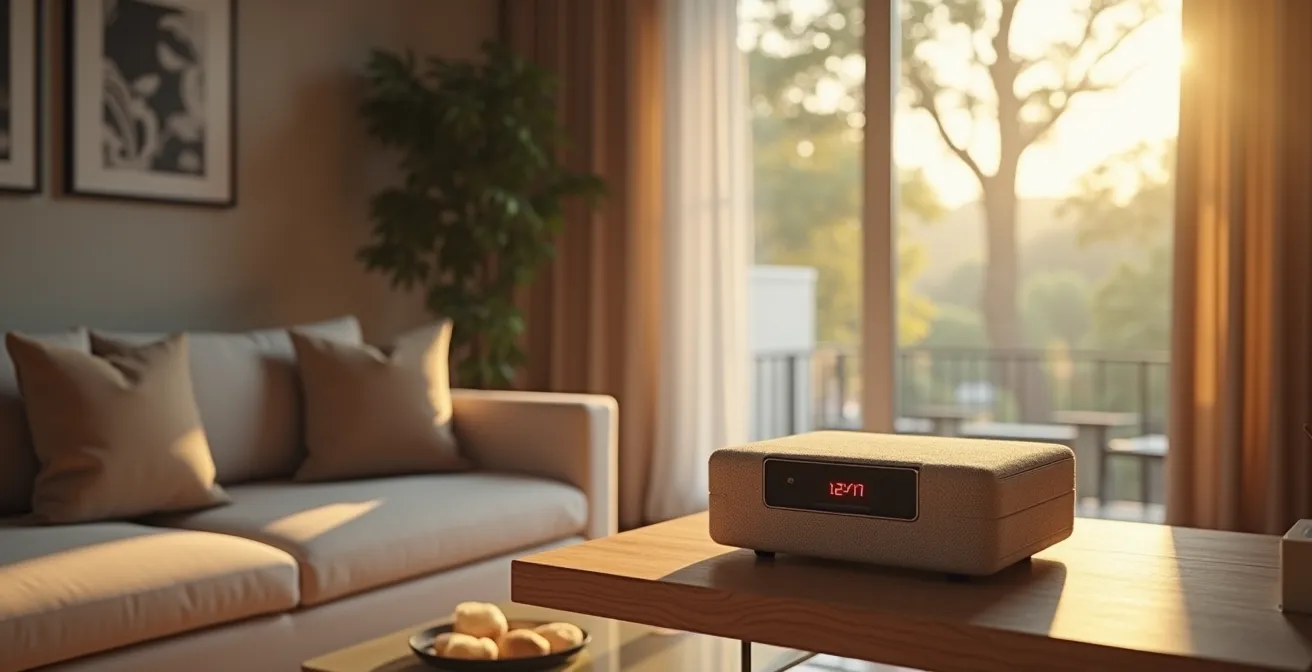 Une alarme design moderne en métal et tissu, posée de façon centrale dans un salon élégant, symbolisant fiabilité et confiance.