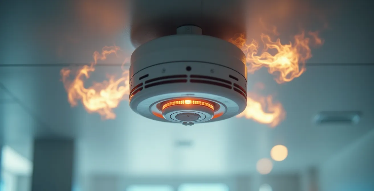 Vue rapprochée d’un détecteur multi-critères moderne avec icônes symbolisant fumée, chaleur et gaz, illustrant son intelligence