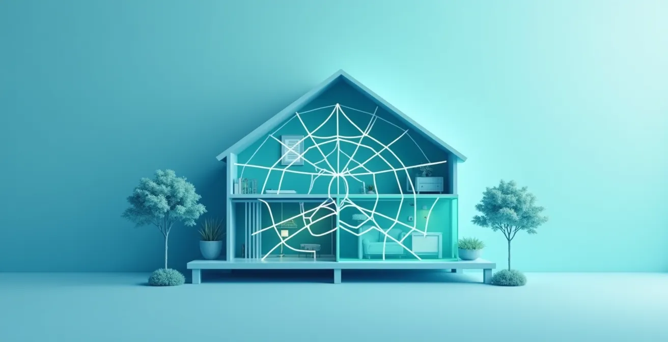 Illustration schématique montrant la détection croisée entre capteur d'ouverture et détecteur de mouvement dans une maison