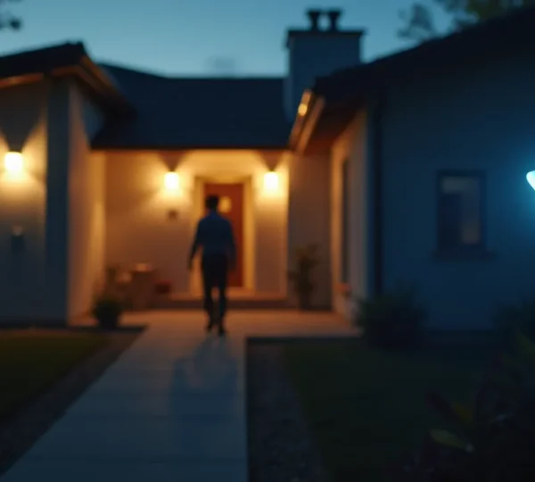 Maison sécurisée avec caméra intelligente visible, éclairage extérieur activé et alarme en action