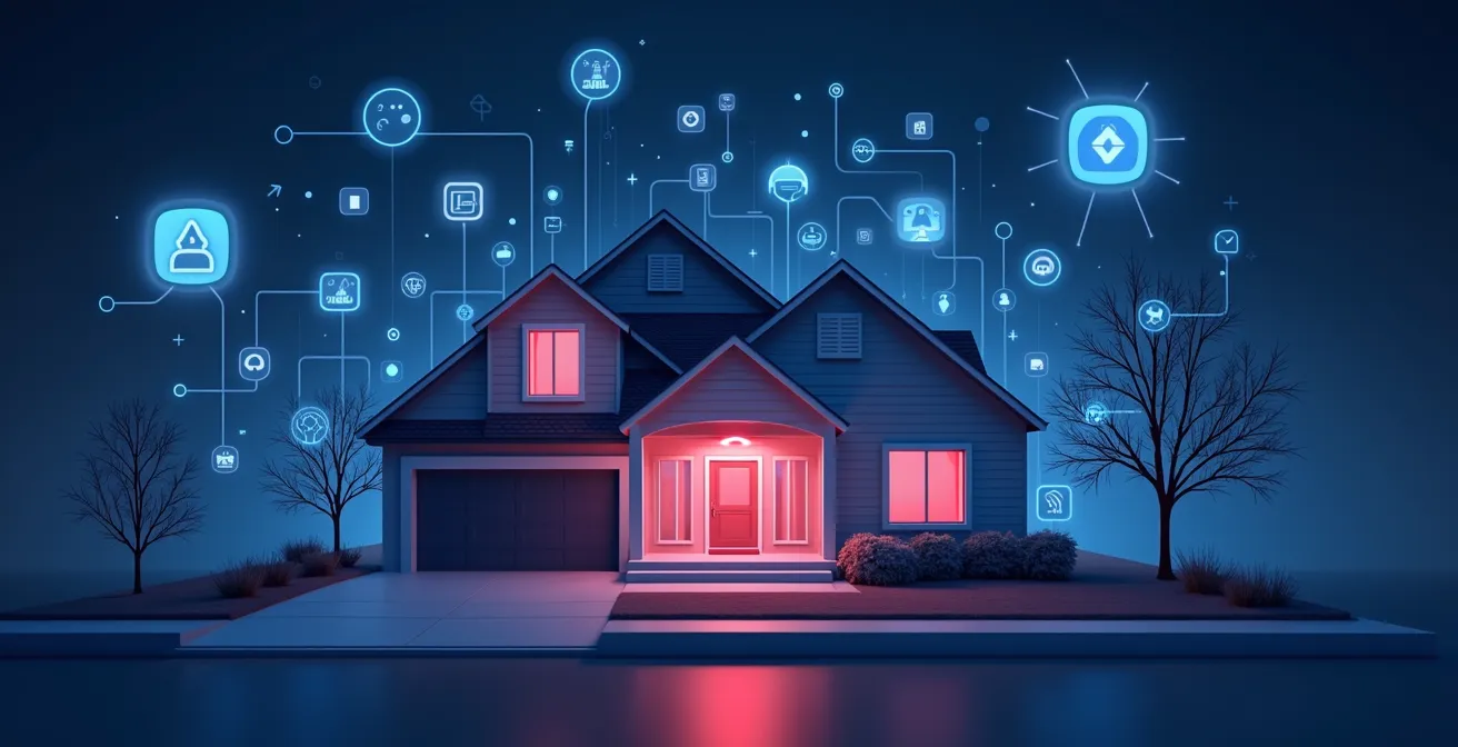 Illustration montrant une électrovanne connectée en action coupant l'arrivée de gaz dans une maison avec des icônes de notifications smartphone et sirène d’alarme activée.