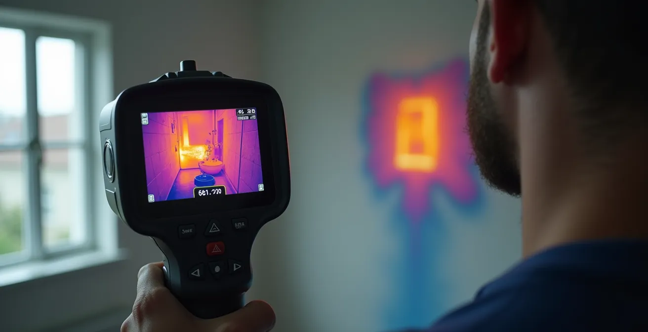 Expert en plomberie utilisant une caméra thermique pour localiser une fuite dans un mur