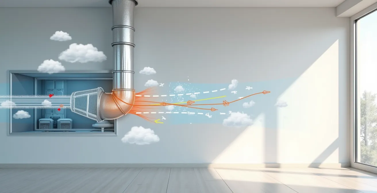 Image illustrant un logement moderne avec VMC fonctionnelle et schéma du flux d’air assurant la ventilation efficace
