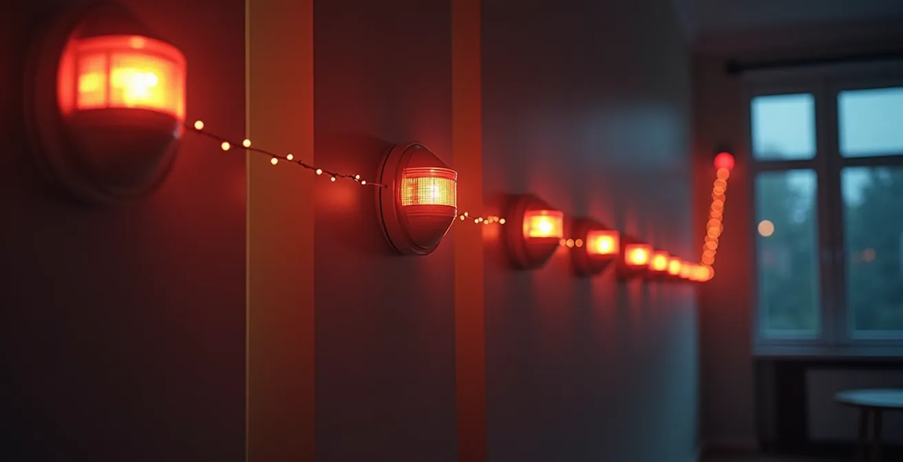 Maison moderne avec détecteurs de fumée interconnectés activant une alarme en réseau, alertant tous les occupants
