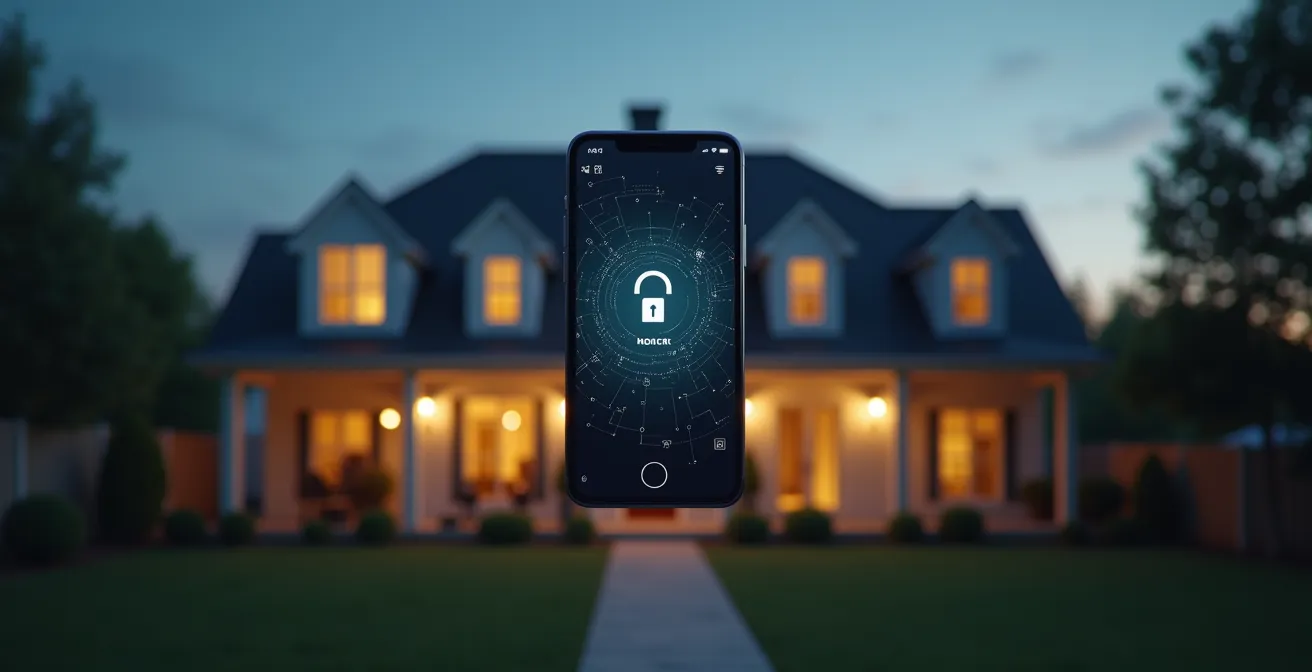 Smartphone moderne affichant une application de sécurité, foyer connecté en arrière-plan avec effets lumineux symbolisant la protection numérique de la maison.