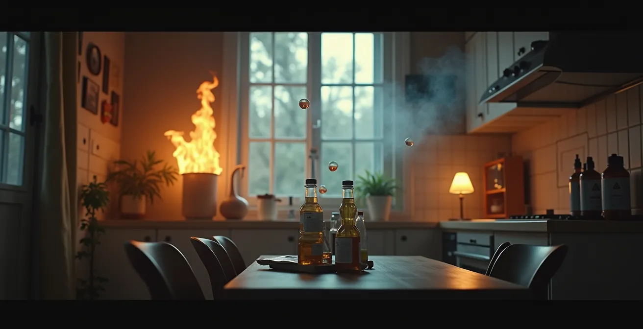 Vue symbolique d'une maison où des dangers invisibles comme fumée toxique, poussière explosive et produits chimiques sont mis en lumière.