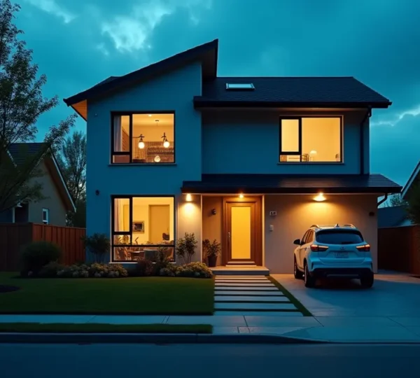 Vue d'une maison moderne protégée par des technologies de sécurité domotique connectée, avec des éléments visuels symbolisant la sécurité proactive