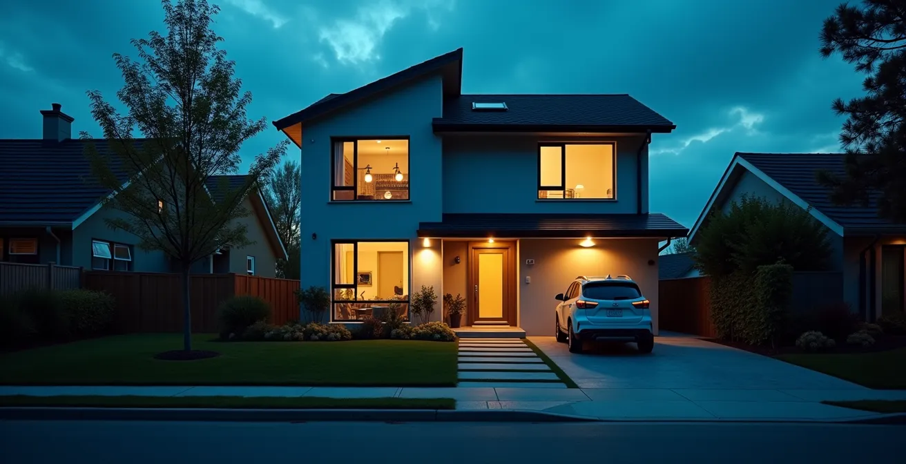Vue d'une maison moderne protégée par des technologies de sécurité domotique connectée, avec des éléments visuels symbolisant la sécurité proactive