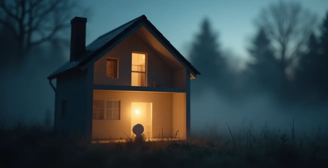 Illustration symbolique montrant une maison avec un nuage invisible de monoxyde de carbone se répandant à l'intérieur et un détecteur moderne au premier plan