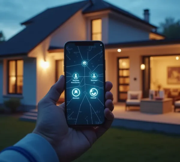 Maison moderne connectee avec elements visuels representant une intelligence centrale de securite, smartphone en premier plan