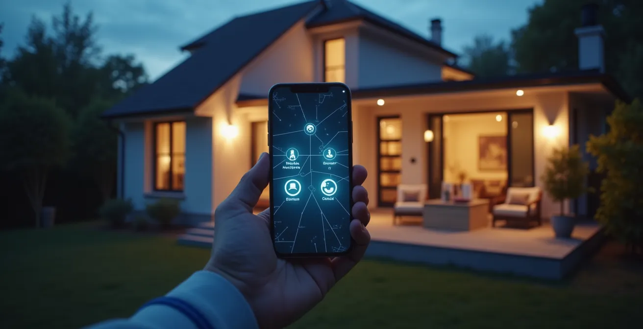 Maison moderne connectee avec elements visuels representant une intelligence centrale de securite, smartphone en premier plan