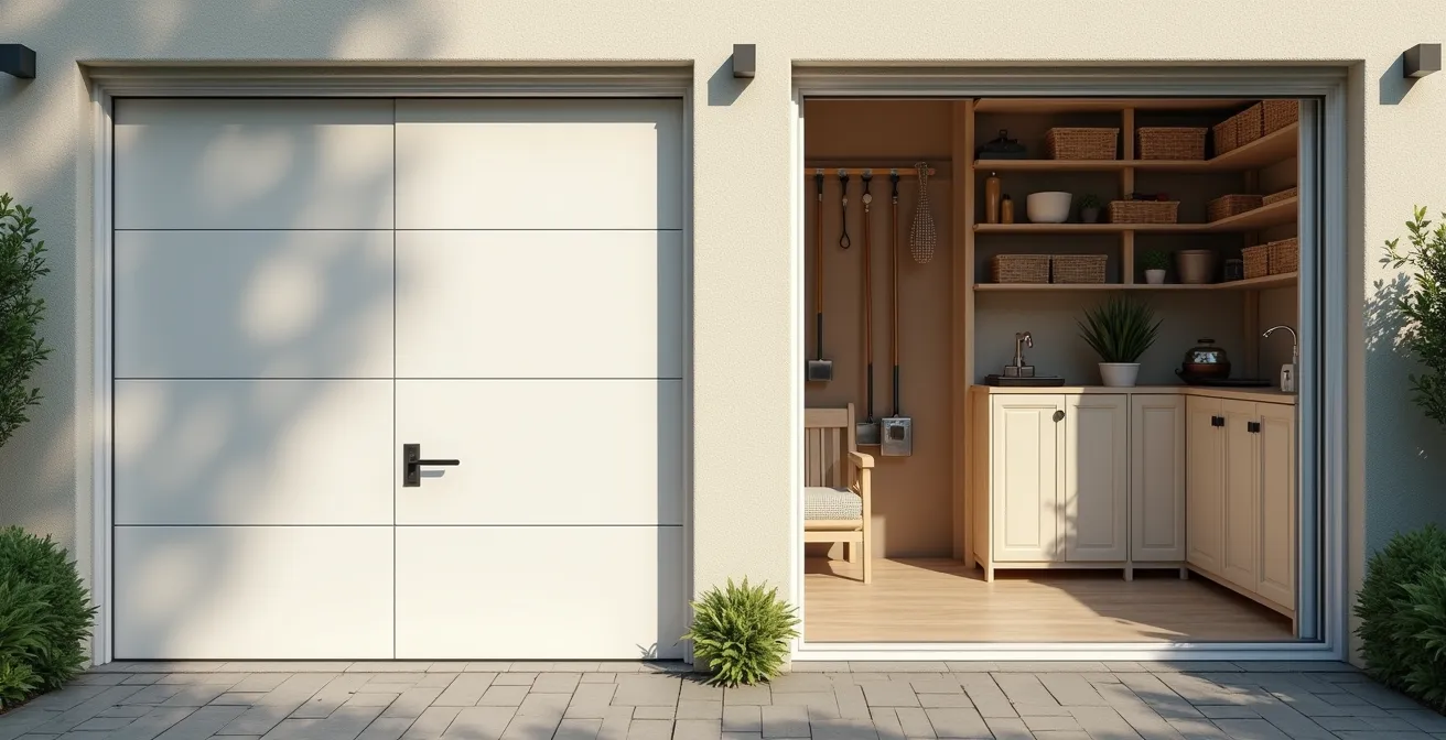 Illustration montrant la sécurisation d’une porte de garage avec serrure multipoints et un abri de jardin bien organisé