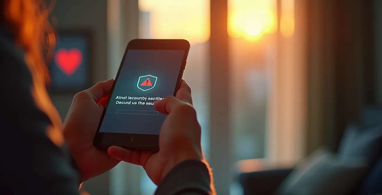 Illustration d'un smartphone affichant une notification de sécurité claire, accompagné de signaux lumineux dans un environnement domestique moderne et connecté.
