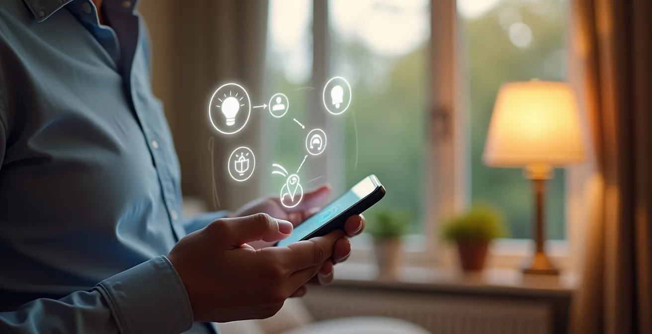 Image montrant un smartphone en action pilotant divers aspects d’une maison connectée pour bien-être et sécurité