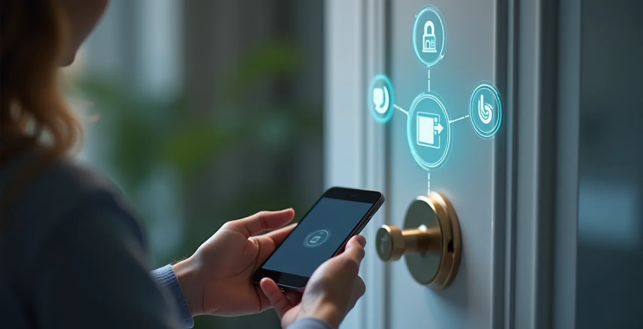 Photographie réaliste d'un smartphone recevant une notification d'alarme, avec des objets connectés en arrière-plan.