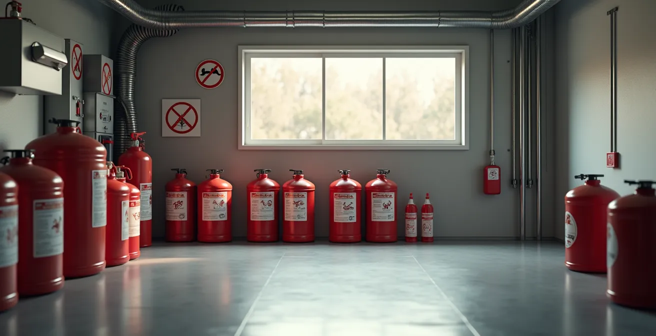 Photographie réaliste d’un garage rangé contenant divers produits inflammables dans des récipients sécurisés, avec une bonne ventilation visible.