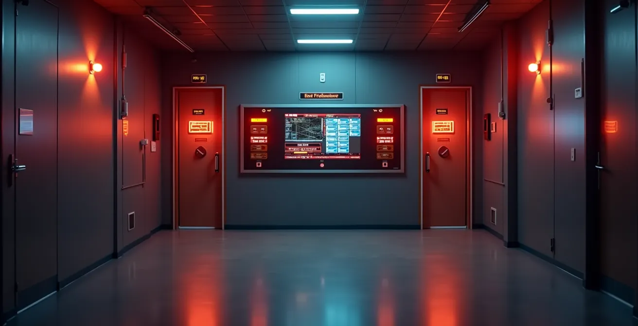 Système complet de détection incendie avec centrale, détecteurs modernes et éléments d'intervention automatique dans un bâtiment