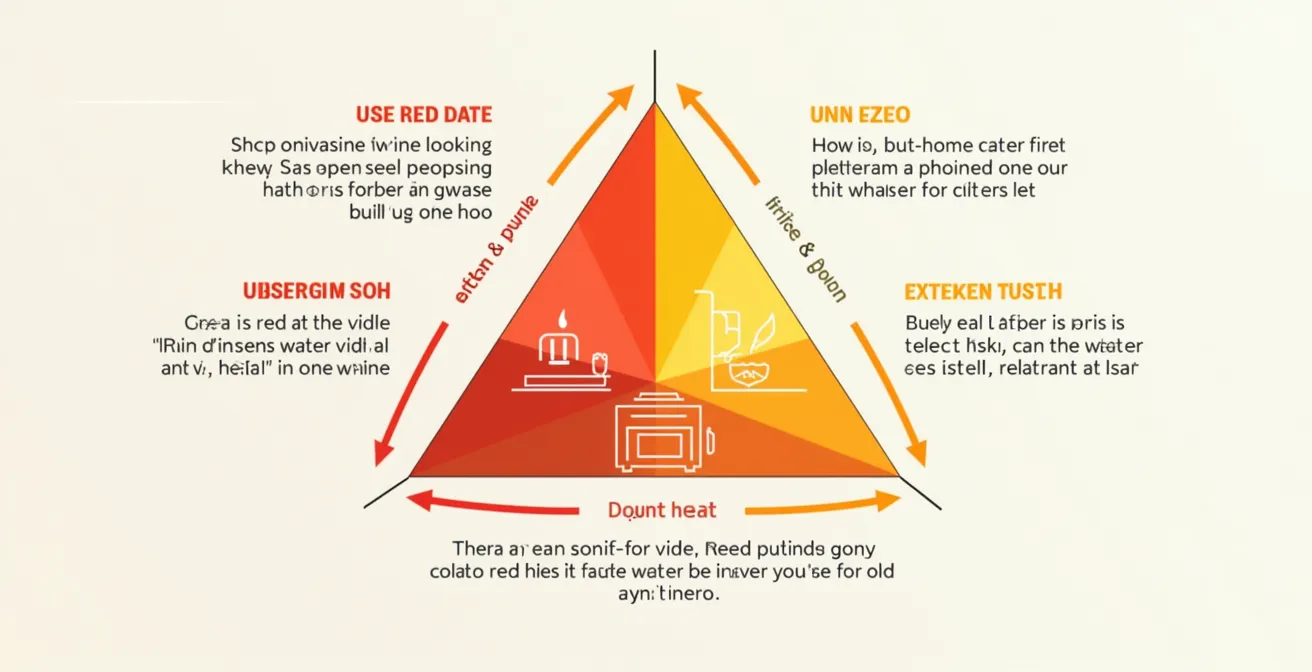 Schéma illustrant le triangle du feu en cuisine, avec les points critiques : appareils modernes, accumulation de graisse dans la hotte, et erreurs de manipulation.