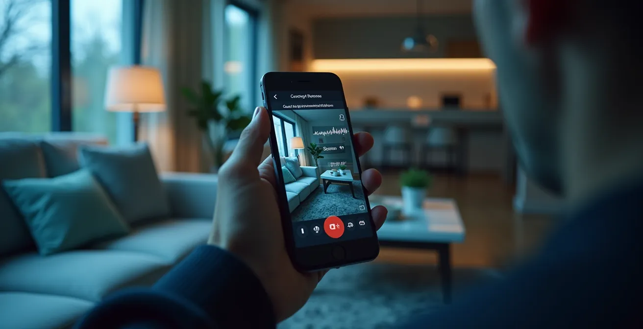 Différents capteurs de sécurité – caméra, micro, capteur de mouvement – connectés à un smartphone affichant une alerte sur une maison moderne.