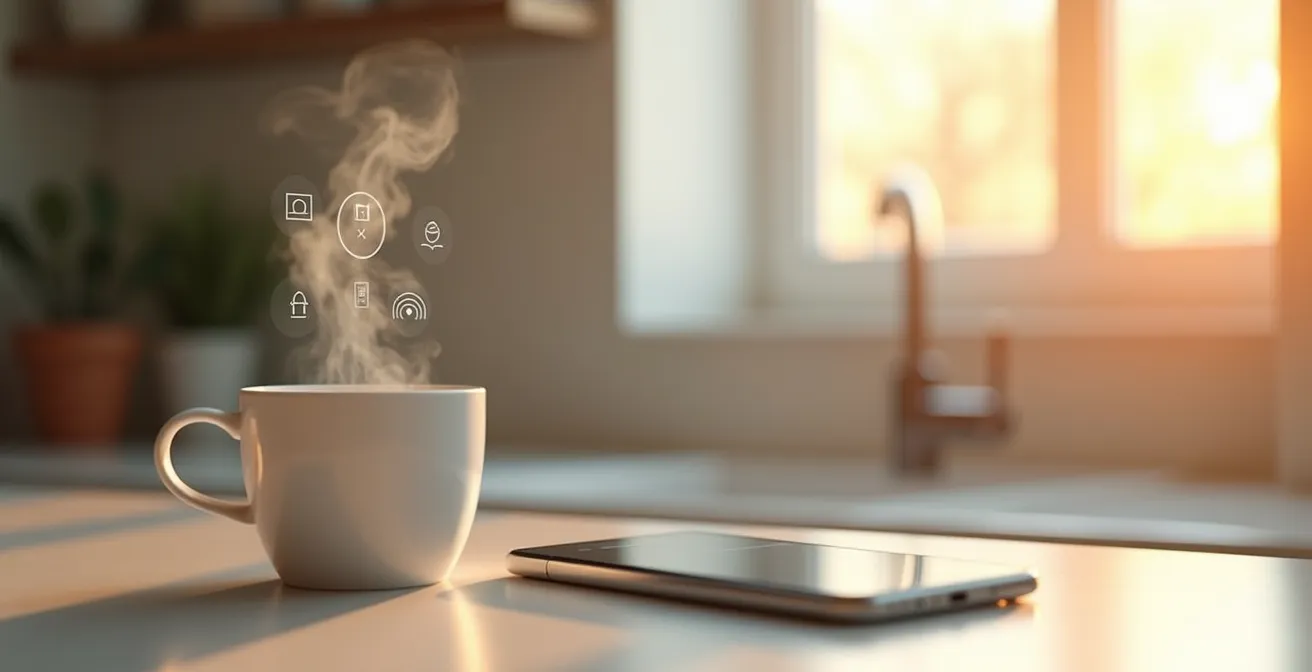 Scène montrant différents widgets de sécurité sur l'écran d'un smartphone posé sur un comptoir de cuisine moderne.