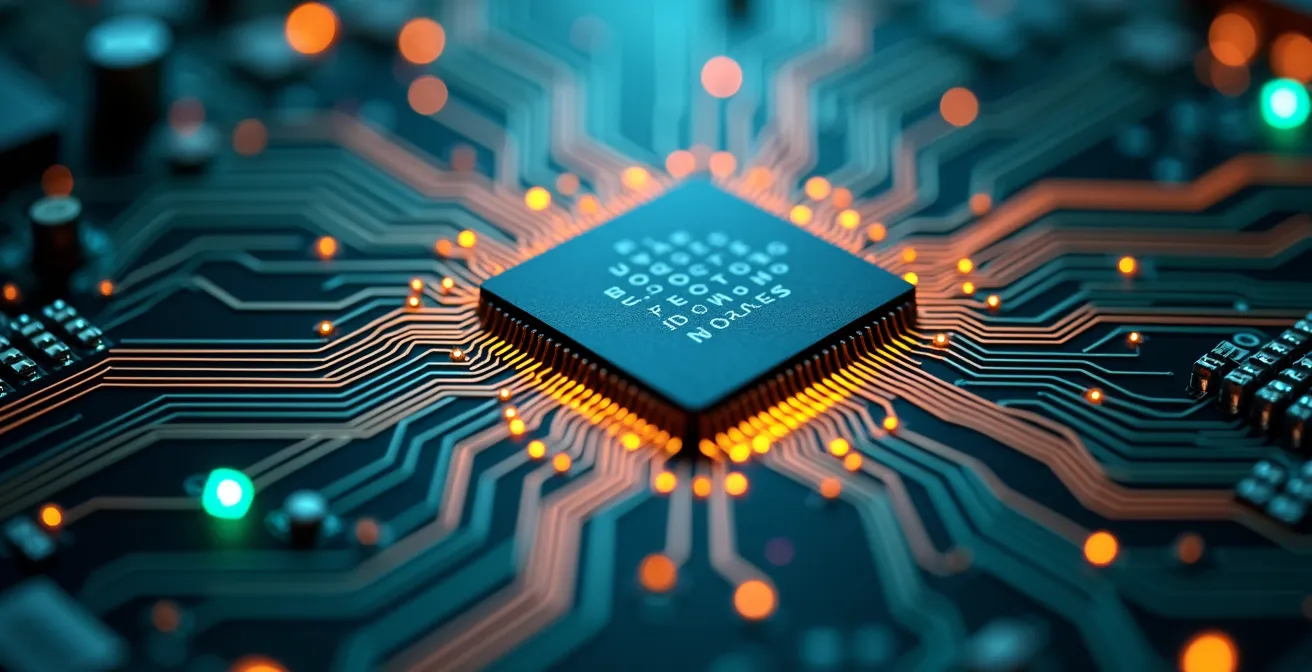 Vue macro de circuits imprimés avec flux de données lumineux