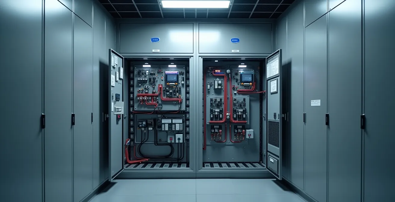 Vue d'ensemble d'une armoire technique ouverte montrant les composants internes d'un système ECS