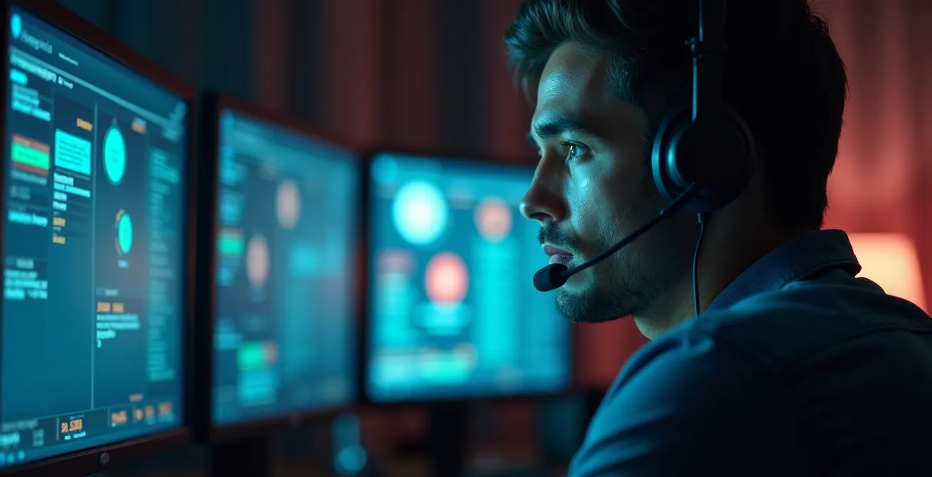 Opérateur de télésurveillance analysant des écrans de contrôle