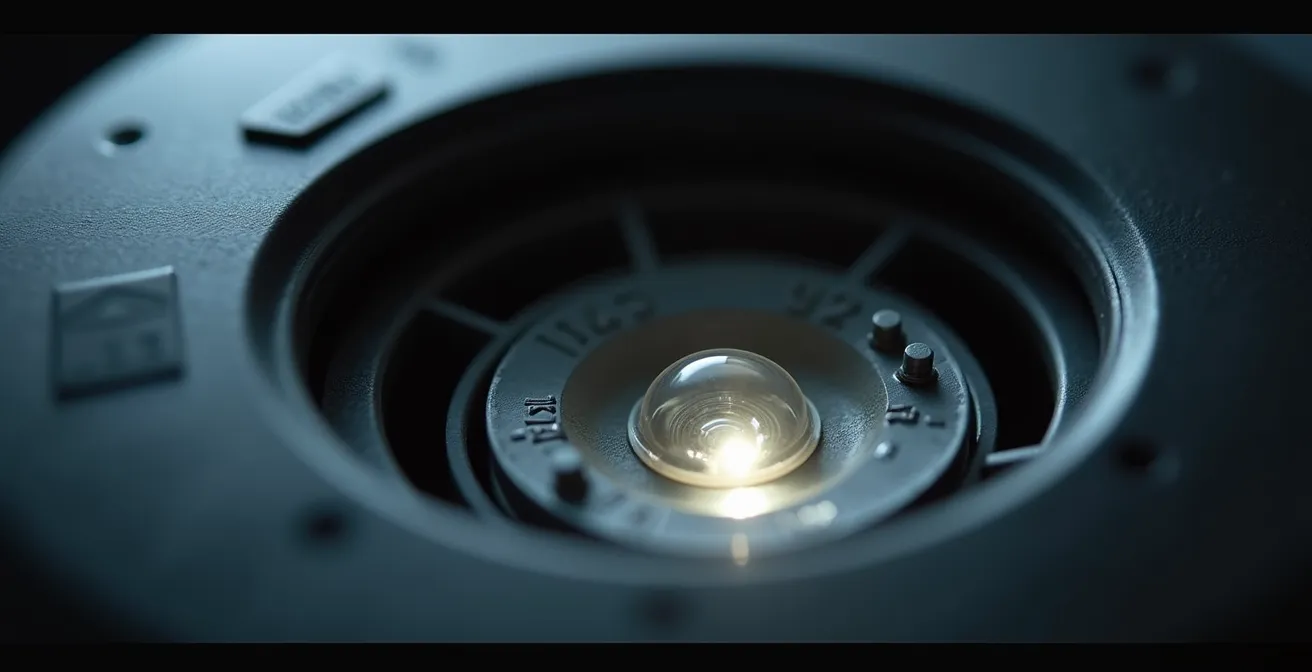 Gros plan macro sur la chambre optique d'un détecteur de fumée montrant la technologie de détection