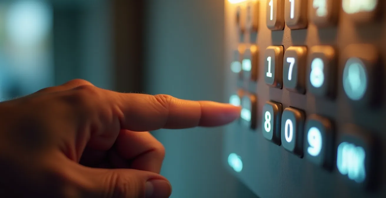 Gros plan sur une main tapant un code sur un clavier d'alarme moderne avec effet de profondeur de champ