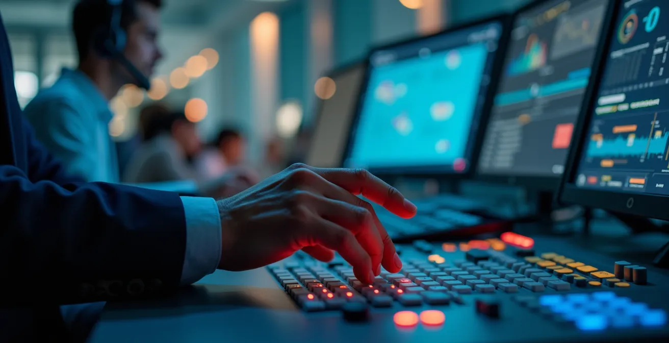 Main d'opérateur sur console de commande avec écrans flous en arrière-plan