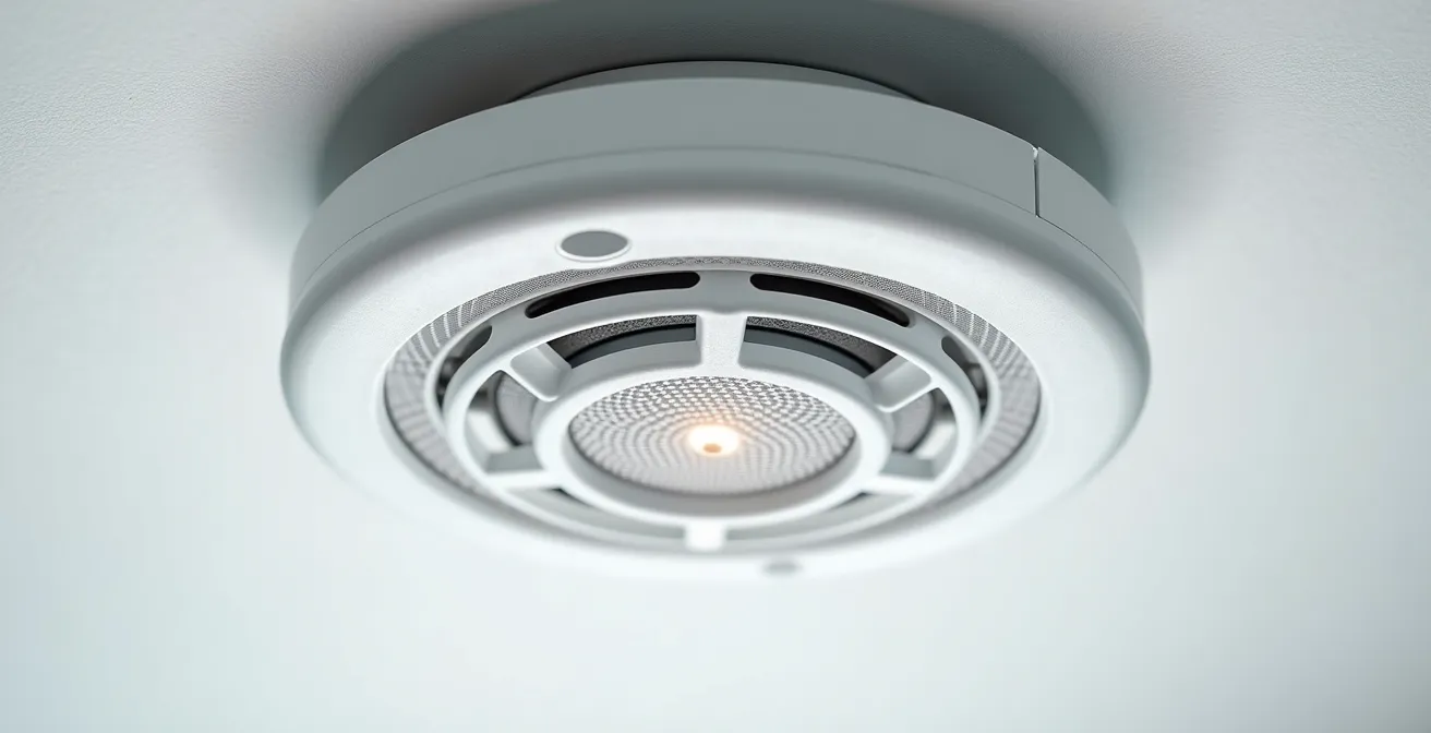 Vue macro d'un détecteur de fumée moderne avec voyant LED dans un plafond blanc