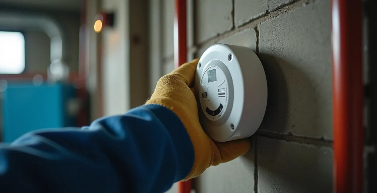 Vue d'ensemble d'un local technique avec détecteur de monoxyde de carbone près d'une chaudière