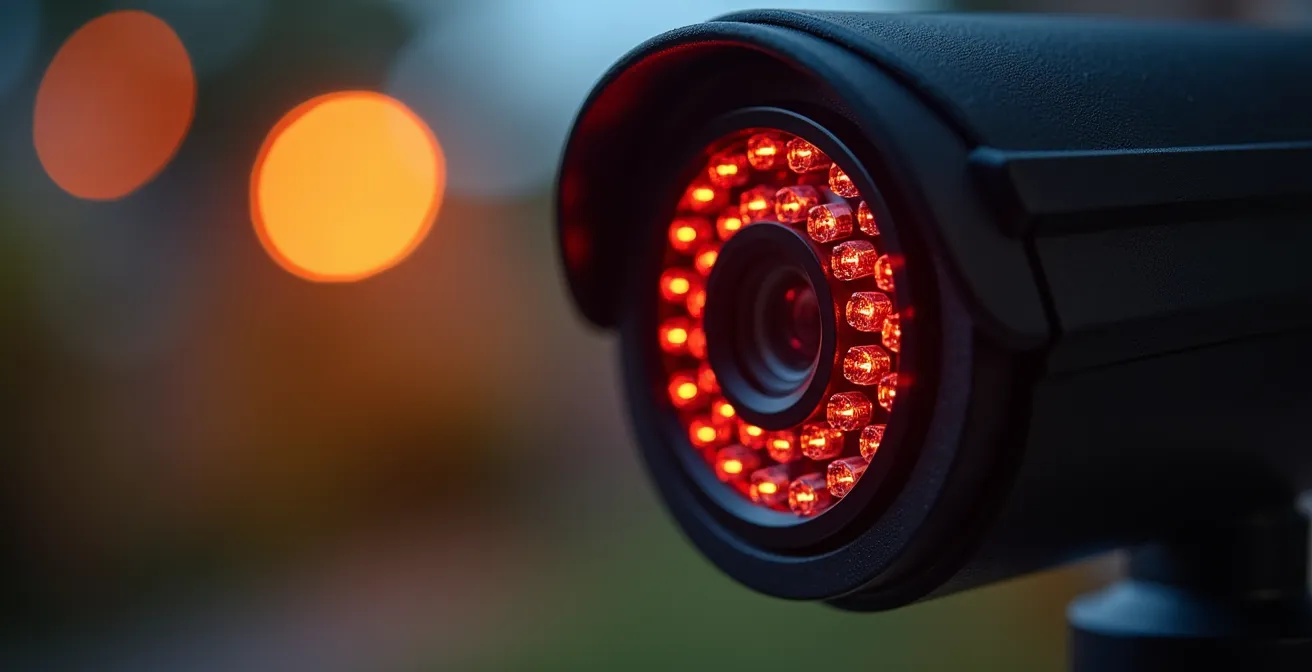 Caméra de surveillance avec vision nocturne détectant une silhouette dans un jardin