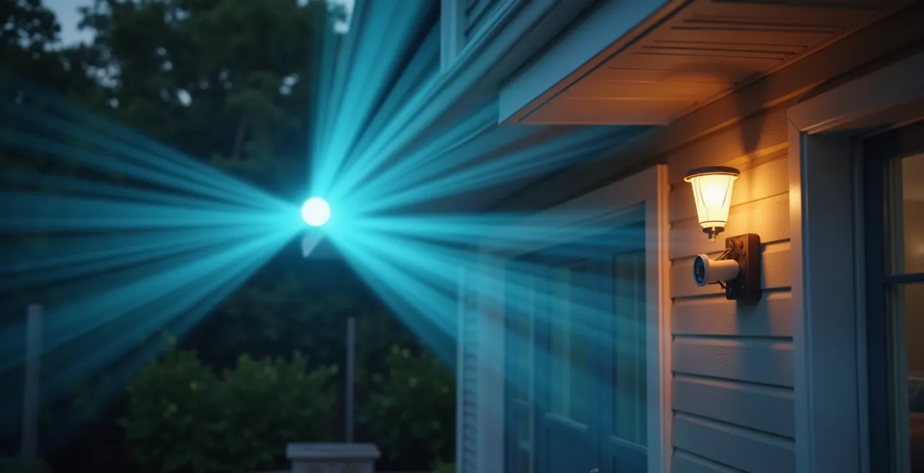 Caméra de surveillance avec zones de détection virtuelles visibles dans un jardin