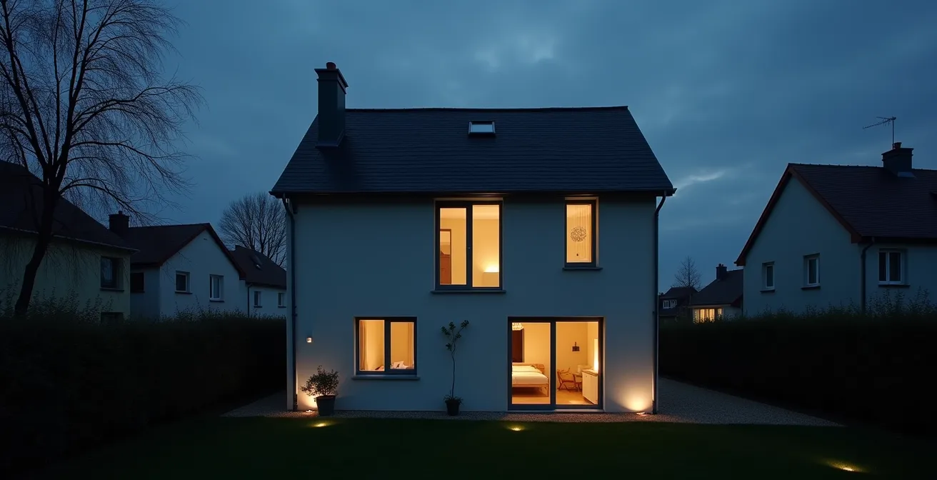 Vue en coupe d'une maison montrant le double périmètre de sécurité nocturne avec zones actives et inactives