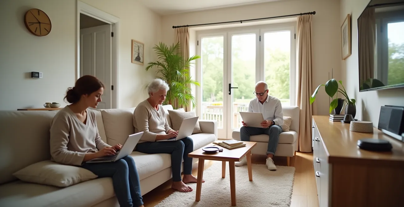 Famille trois générations dans salon avec système de sécurité discret