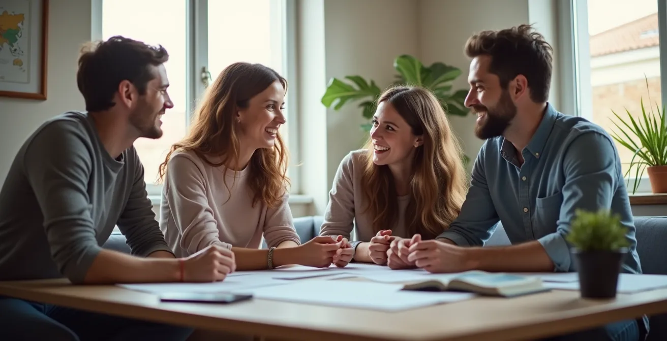 Famille française réunie dans un salon moderne discutant autour d'un plan posé sur une table basse