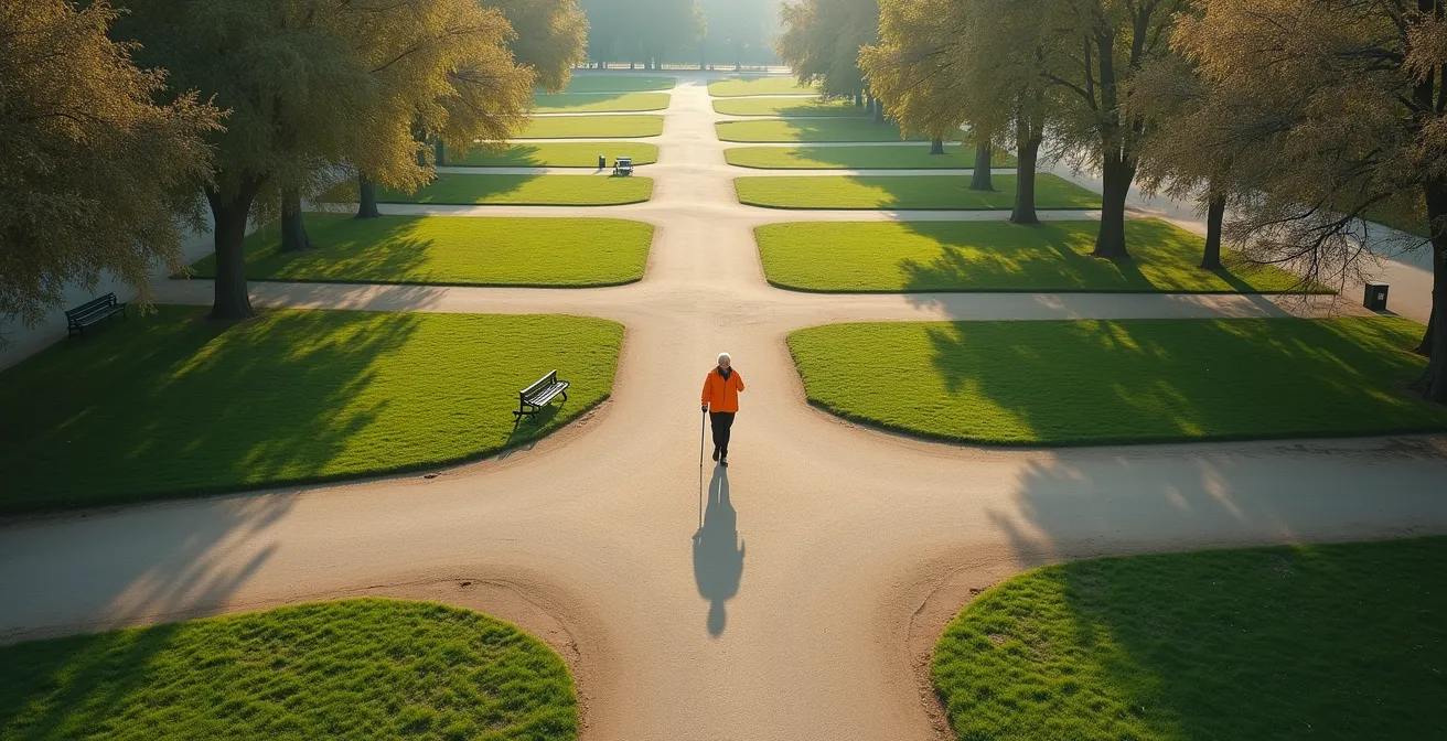 Vue aérienne minimaliste d'une personne âgée en promenade dans un parc avec système de géolocalisation