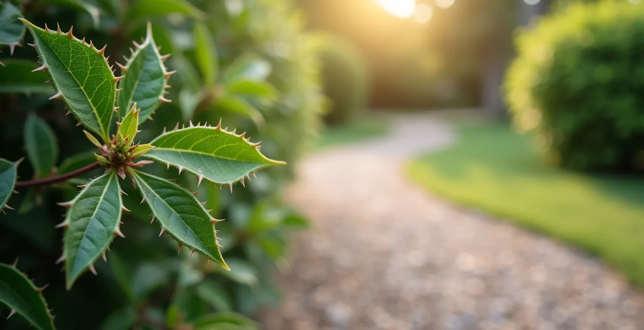 Aménagement paysager stratégique avec plantes épineuses et chemin en gravier