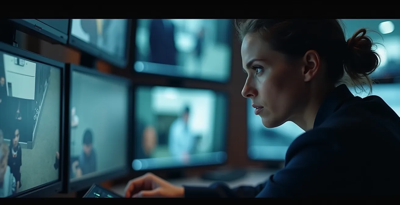Opérateur analysant des flux vidéo sur écran de surveillance avec concentration