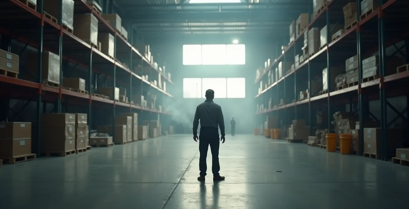 Employé remarquant une situation dangereuse dans un entrepôt industriel avant déclenchement des détecteurs automatiques