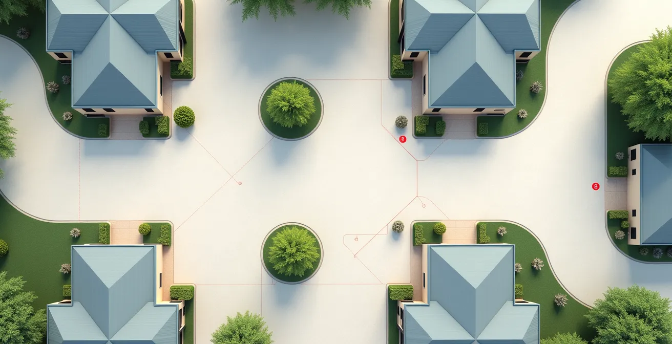 Plan architectural d'une maison avec points d'accès stratégiques marqués