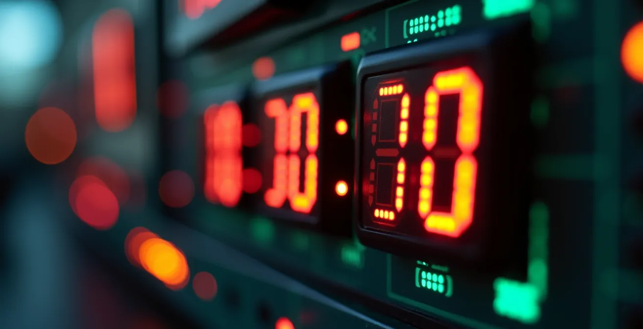 Vue macro d'un chronomètre digital affichant un compte à rebours dans un environnement de centre de contrôle