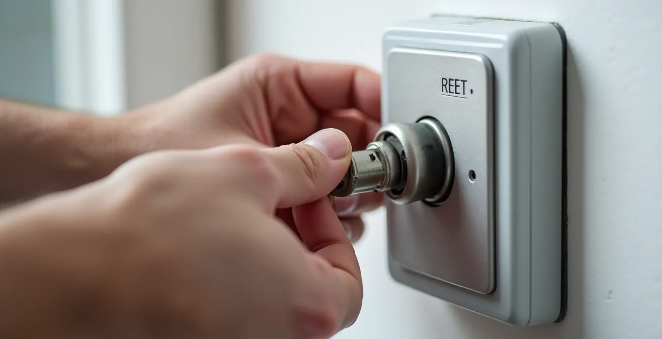 Gros plan sur une main insérant une clé de réarmement dans un déclencheur manuel d'alarme incendie